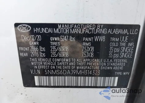 2021 Hyundai Santa Fe Sel from USA, damaged, VIN 5NMS6DAJ9MH314323